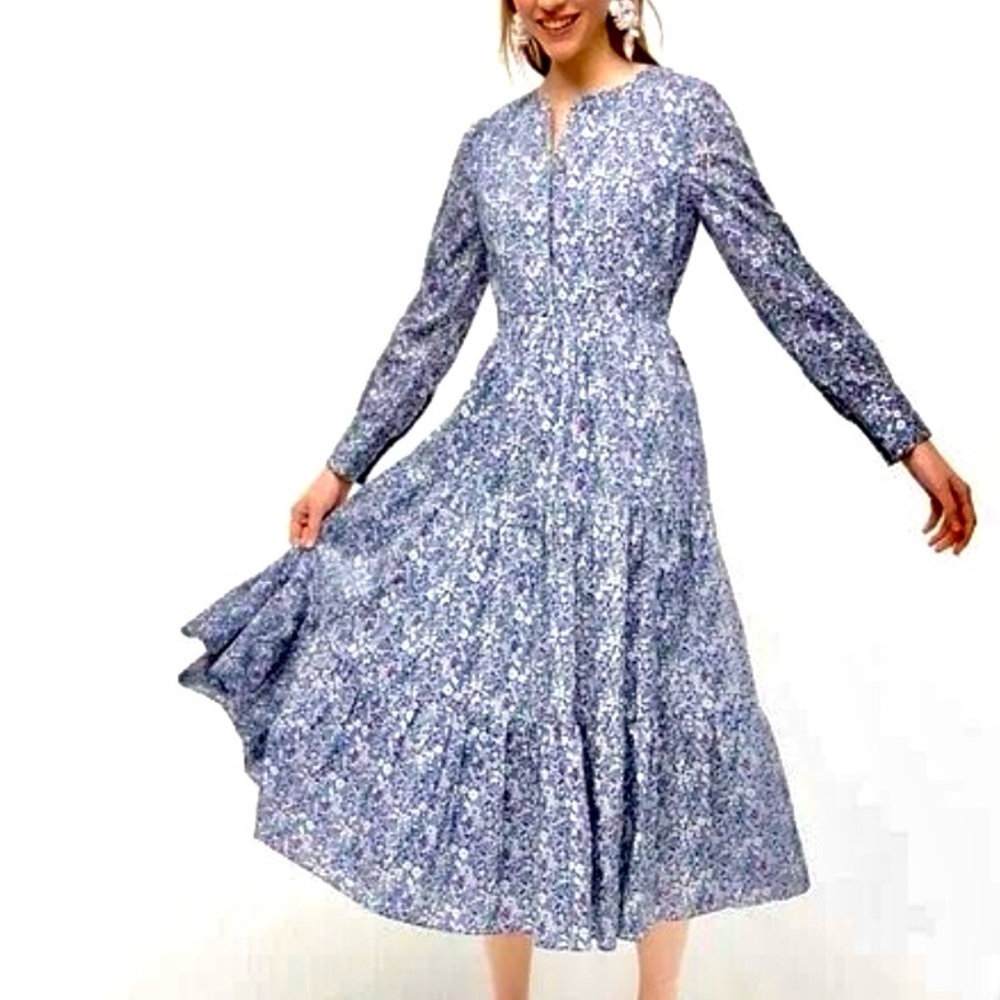 NWT J. Crew Blue Floral Tiered Liberty Long Sleeve Dress-4 - Picture 3 of 7